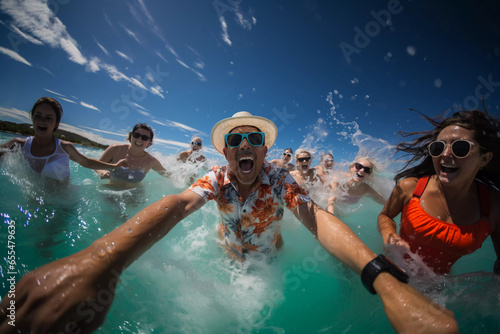 group of people swimming in the sea and smiling