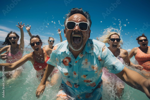 group of people swimming in the sea and smiling