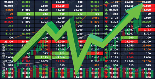 the graphic display of the chart tends to rise upwards with a rising green arrow on a rising economic stock trading business