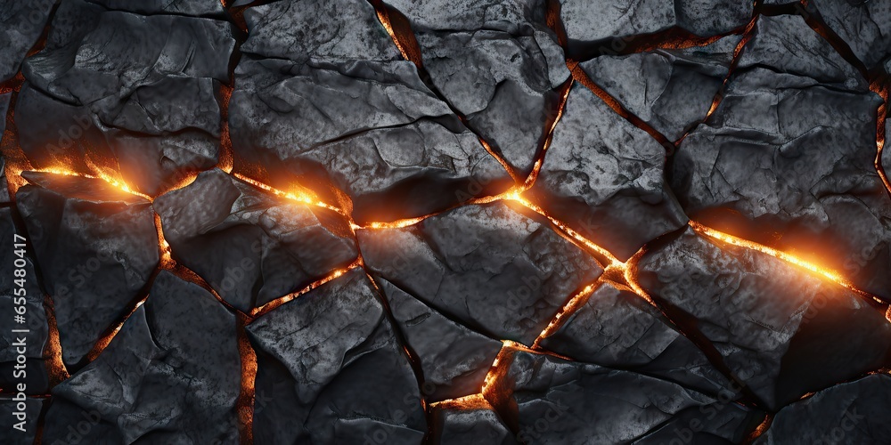 Molten lava texture background. Ground hot lava. Burning coals, crack surface. Abstract nature pattern, glow faded flame. 3D Render Illustration - obrazy, fototapety, plakaty 