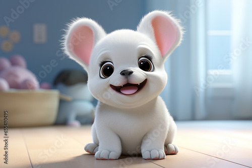 French Bulldog puppy cartoon in a house invironment. Adorable 3D animal portrait.