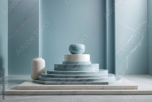 Beautiful minimalistic light blue and marble background for product presentation.