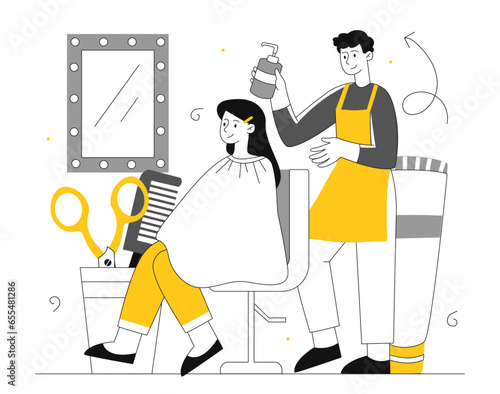 Hairdresser with client vector line concept