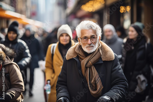 gray-haired man walking in the street