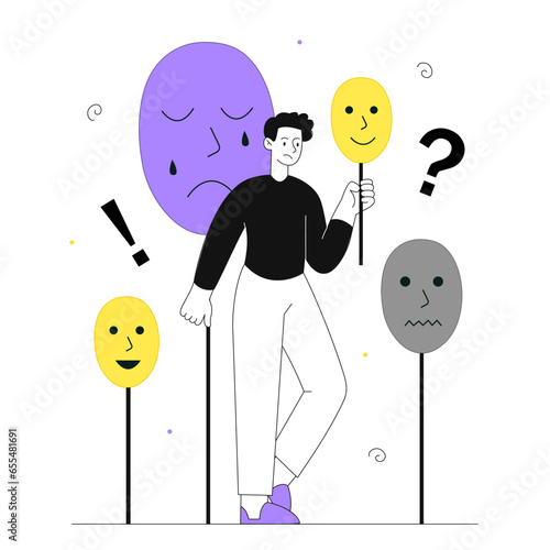 Man with hidden emotions vector line concept