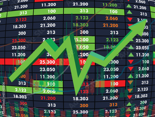 the graphic display of the chart tends to rise upwards with a rising green arrow on a rising economic stock trading business