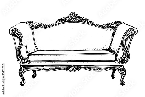 Vintage sofa hand drawn ink sketch. Engraving style vector illustration