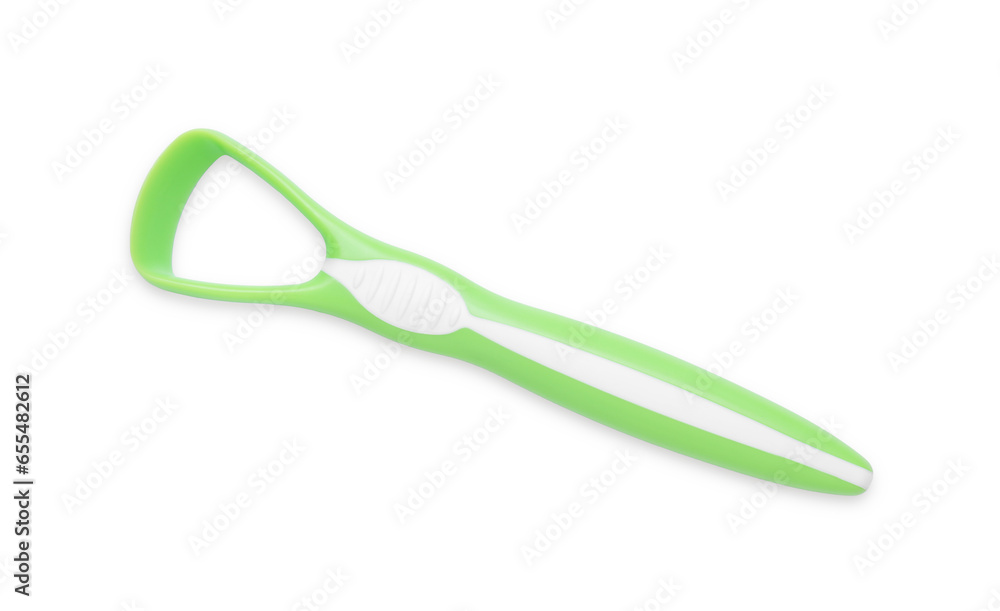 One green tongue cleaner isolated on white, top view. Dental care One green tongue cleaner isolated on white, top view. Dental care