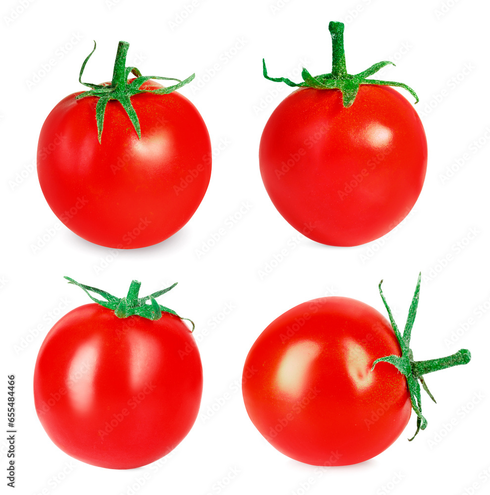 Set with fresh ripe cherry tomatoes isolated on white Set with fresh ripe cherry tomatoes isolated on white