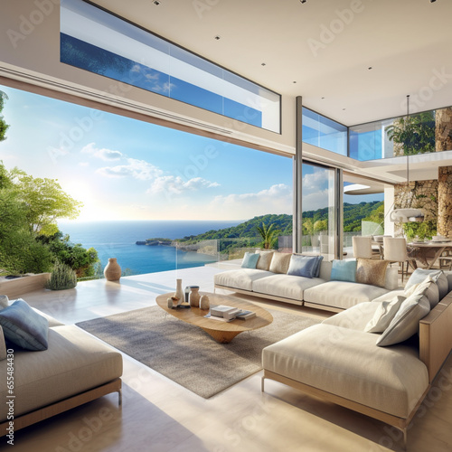Room with sea view, elegant and modern living room. © Peludis