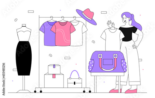 Woman in wardrobe vector line concept