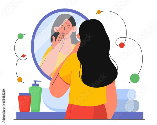 Woman with wrinkles near mirror vector concept