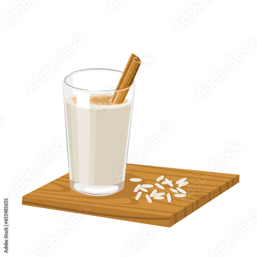 Vector illustration, Horchata drink, made from rice milk, vanilla and cinnamon, served in a glass, with a wooden base and sprinkled with rice, isolated on white background.