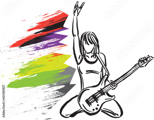 rocker 6 color brush young woman girl music career profession work doodle design drawing vector illustration