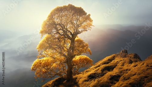 A big golden tree growing on a mountain01