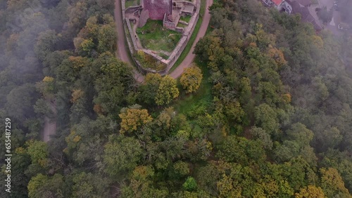 Drone photo, drone shot, drone video, drone flight over the Kyffhaeuser with Kaiser Wilhelm monument, Barbarossaden monument, in mystical light and fog, clouds, Kyffhaeuserland, Thuringia, Germany photo