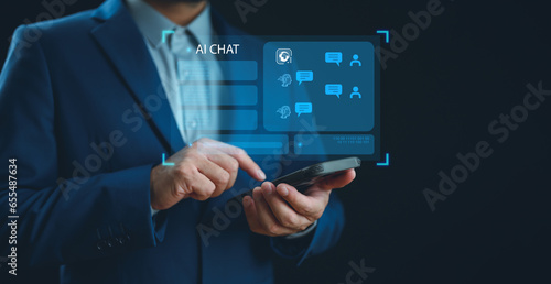 AI smart bot Chat, Artificial Intelligence. Man using technology smart robot AI, artificial intelligence by enter command prompt for generates something, Futuristic technology transformation.
