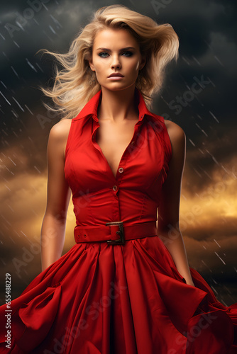 fashion model in red dress in a storm