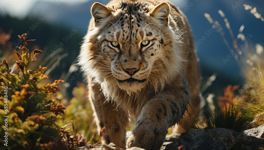 Fototapeta premium Majestic tiger staring, wild beauty in nature, tranquil wilderness scene generated by AI