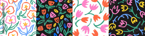 Collection seamless patterns with brush-drawn colorful tulips and lilies flowers. Abstract floral motif backgrounds.