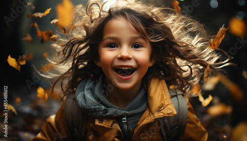 Smiling girl enjoys autumn  playful and carefree in nature beauty generated by AI