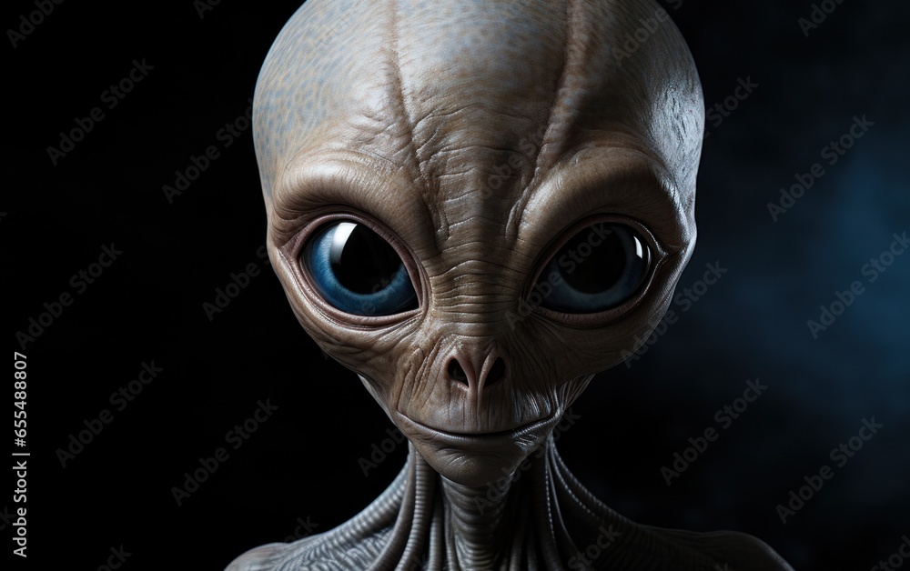 A gentle-faced alien with large, soulful eyes, set against a dark background, invites a silent conversation with the viewer. A gentle-faced alien with large, soulful eyes, set against a dark background, invites a silent conversation with the viewer.