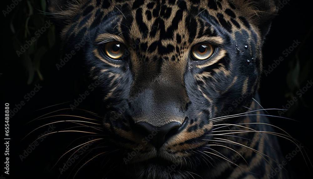Majestic big cat staring, beauty in nature, black leopard, spotted generated by AI