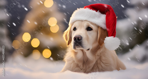 Cute yellow labrador retriever laying in the snow with a Santa hat on. Christmas themed. 