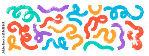 Colorful bold curved lines and doodle smears collection. Curly thick brush strokes with loops.