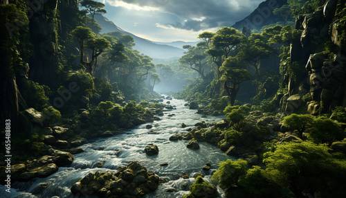 Tranquil scene  green forest  flowing water  mountain  and blue sky generated by AI