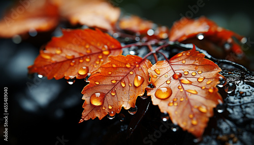 Vibrant autumn colors reflect on wet leaves in the forest generated by AI