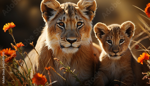 Fotografia A cute lion cub hiding in the grass, looking at camera generated by AI