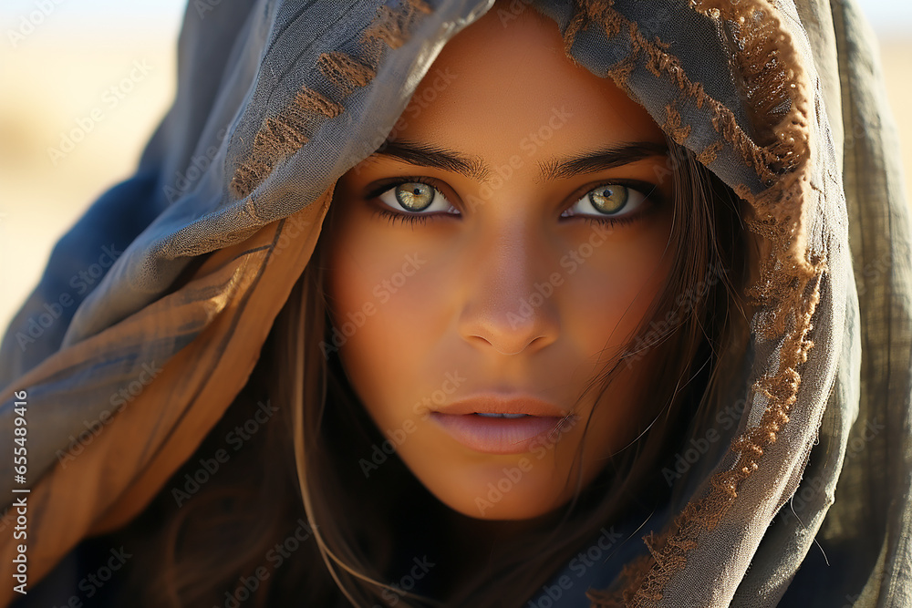 Portrait of a beautiful brunette woman in a desert, exotic mood - Generative AI - obrazy, fototapety, plakaty 