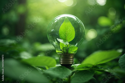 Lamp with leaf inside, in the middle of nature. Responsible sustainable and environmental development, Renewable energy sources, Ecology, ESG concept