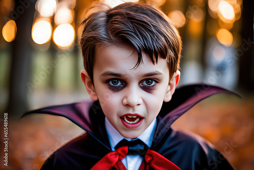 scary close-up of a boy dressed in a Dracula costume on Halloween, concept Religion and Culture, generative ai 