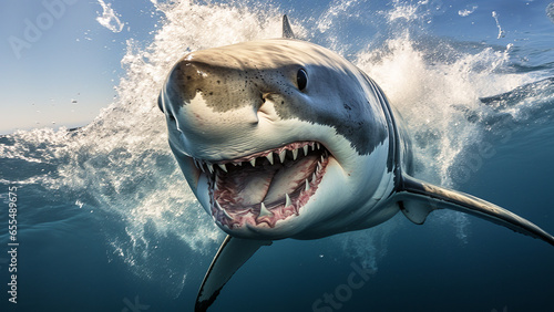 A great white shark jumps out of the water