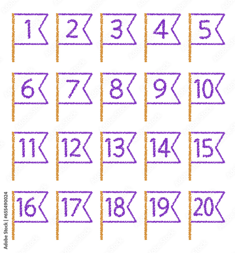 手描きのクレヨン素材　20までの数字アイコンセット