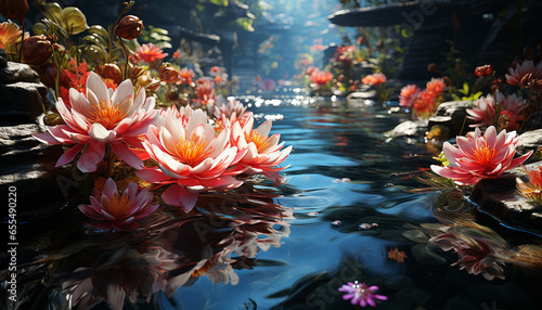 Vibrant colors bloom in nature garden, reflecting beauty and tranquility generated by AI