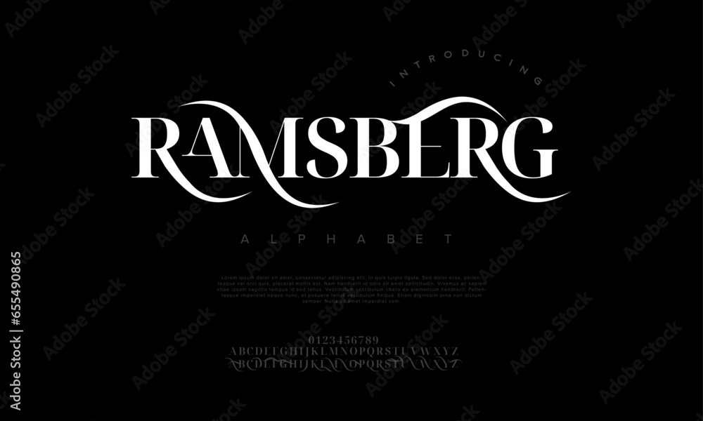 Ramsberg premium luxury elegant alphabet letters and numbers. Elegant wedding typography classic serif font decorative vintage retro. Creative vector illustration