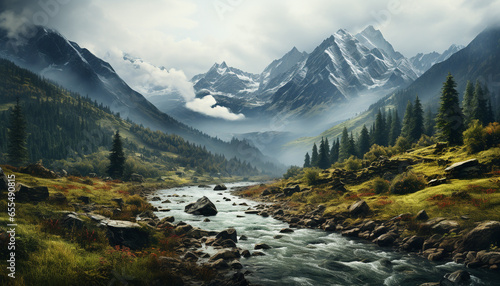 Tranquil scene  Majestic mountain peak in autumn, surrounded by forest generated by AI © Gstudio