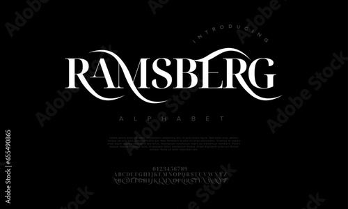 Ramsberg premium luxury elegant alphabet letters and numbers. Elegant wedding typography classic serif font decorative vintage retro. Creative vector illustration