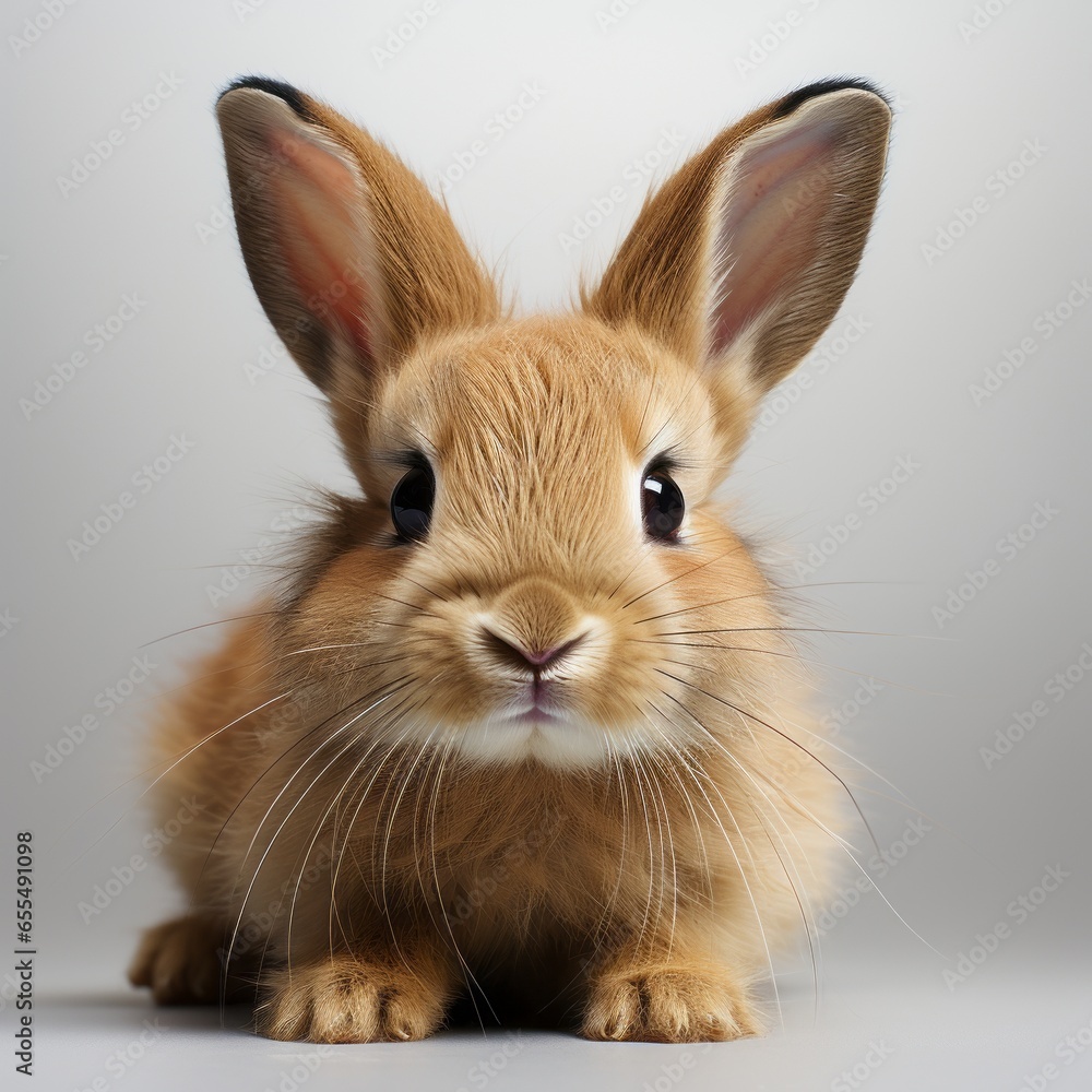 Fototapeta premium An adorable brown bunny rabbit on a plain white background. Generative AI. 