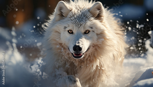 A cute Samoyed puppy running in the snowy winter forest generated by AI