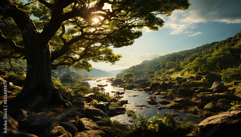 Tranquil scene nature beauty reflected in sunset over mountain range generated by AI Tranquil scene nature beauty reflected in sunset over mountain range generated by AI