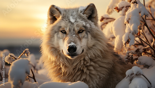 A cute wolf in the snow, howling at the sunset generated by AI