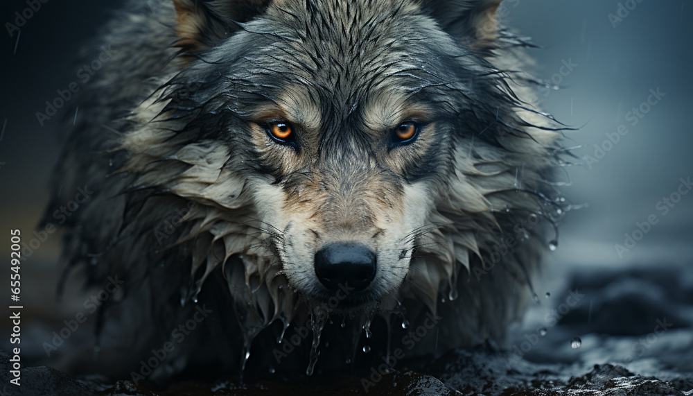 Cute puppy, wet fur, looking at camera, surrounded by snow generated by AI Cute puppy, wet fur, looking at camera, surrounded by snow generated by AI