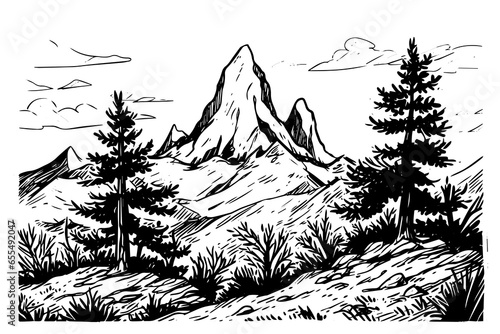 Hand drawn ink sketch of mountain with pine trees landscape. Engraved style logotype vector illustration