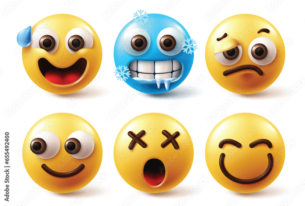 Emoji face characters vector set. Emojis emoticon yellow icon faces in frightened, chill, cold, tired and curios looking face reaction in white background. Vector illustration emoticon character Emoji face characters vector set. Emojis emoticon yellow icon faces in frightened, chill, cold, tired and curios looking face reaction in white background. Vector illustration emoticon character