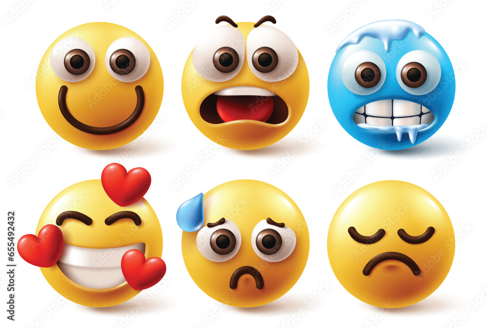 Emojis emoticon characters vector set. Emoji emoticons in happy, shock, freeze, in love, funny and sad facial expression in white background. Vector illustration 3d yellow icon collection. Emojis emoticon characters vector set. Emoji emoticons in happy, shock, freeze, in love, funny and sad facial expression in white background. Vector illustration 3d yellow icon collection.