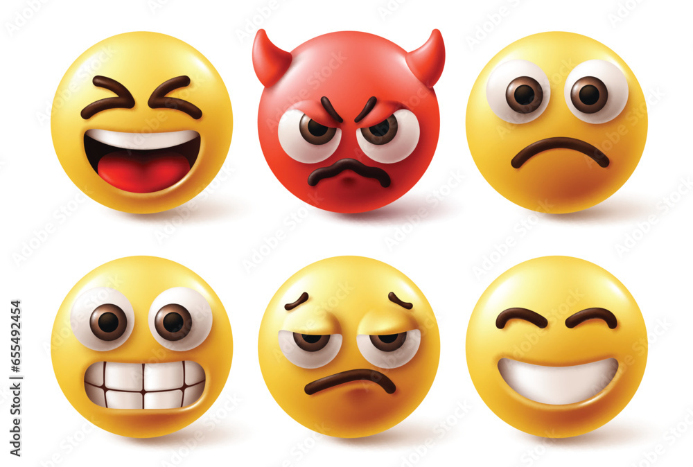 Emojis emoticon vector set. Emoji characters in yellow and red color with happy, mad devil, sad, angry face mood and emotions in white background. Vector illustration emoticons characters collection. Emojis emoticon vector set. Emoji characters in yellow and red color with happy, mad devil, sad, angry face mood and emotions in white background. Vector illustration emoticons characters collection.